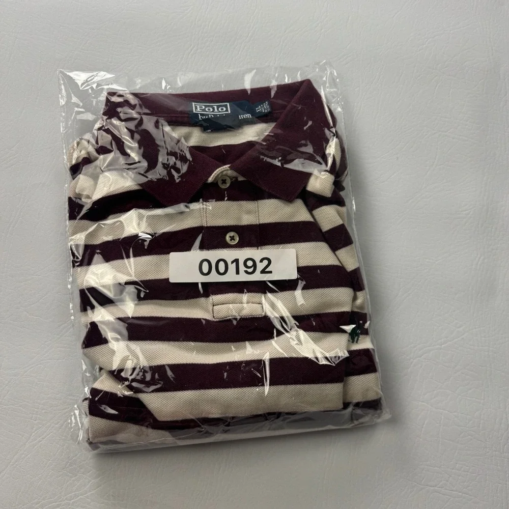Polo Ralph Lauren Mens XL Custom Fit Striped Polo Shirt Burgundy Cream 00192